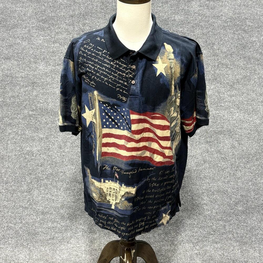 American Summer Polo Shirt Mens Large Blue Patriotic Flag Liberty Graphic Print